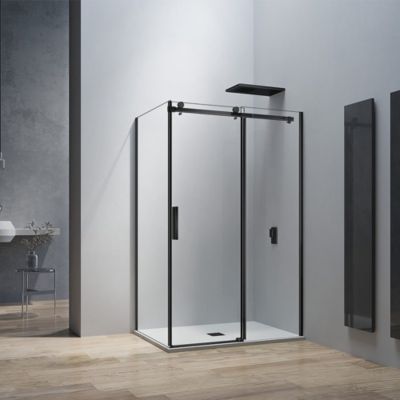 GRAND VERRE Cabine de douche style industriel avec porte coulissante 100x195 et paroi latérale 80x195 accessoires en noir mat