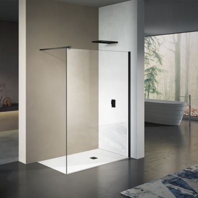 GRAND VERRE Paroi de douche 50x200 avec profilé et barre de fixation en noir mat en verre securit 8mm nano-vitrifié