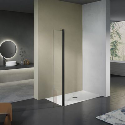 GRAND VERRE paroi de douche avec retour pivotant 120+30 cm hauteur 200 cm avec barre de fixation 90cm en noir mat