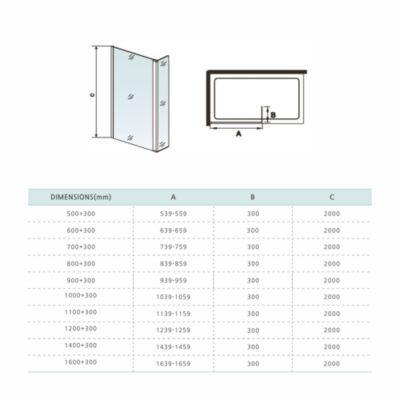 GRAND VERRE paroi de douche avec retour pivotant 120+30 cm hauteur 200 cm avec barre de fixation 90cm en noir mat