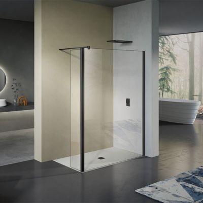 GRAND VERRE paroi de douche avec retour pivotant 120+40 cm hauteur 200 cm avec barre de fixation 90cm en noir mat