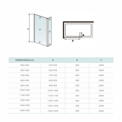GRAND VERRE paroi de douche avec retour pivotant 90+30 cm hauteur 200 cm avec barre de fixation 90cm en chromé