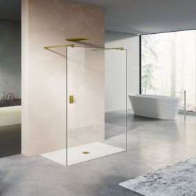 GRAND VERRE Paroi de douche fixe 90x200 avec deux barres de fixation 140 cm en aluminium doré