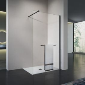 GRAND VERRE Paroi de douche à l'italienne 100x200 en verre transparent avec porte-serviette et accessoires en alu noir mat