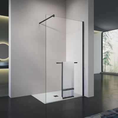 GRAND VERRE Paroi de douche à l'italienne 120x200 en verre transparent avec porte-serviette et accessoires en alu noir mat