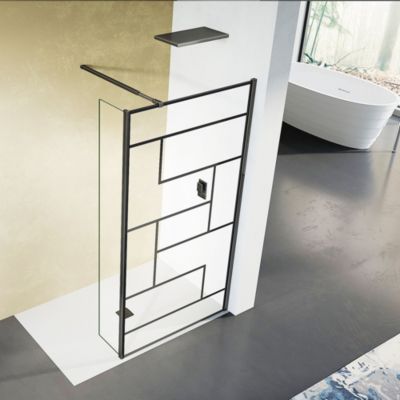 GRAND VERRE Paroi de douche + volet pivotant 80+40 sérigraphie rectangulaire en noir avec barre de maintien extensible