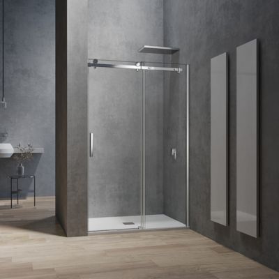 GRAND VERRE Porte de douche 140x195 Style industriel système coulissant à roulette en verre  8 mm accessoires chromés