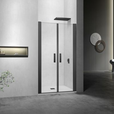GRAND VERRE Porte de douche battante 90x197 à largeur réglable verre 6mm et profilés noirs