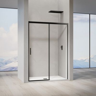 GRAND VERRE Porte de douche coulissante 150x 195 à amortisseurs en verre clair 8mm avec cadre  noir mat