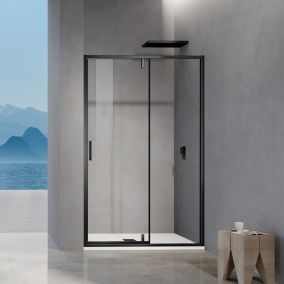 GRAND VERRE Porte de douche pivotante 100x195 avec élément fixe et cadre en aluminium noir mat