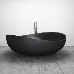 Grande Baignoire îlot moderne fonte minérale salle de bain avec bonde et trop plein, 180x110x62cm, WAVE, Noir mat