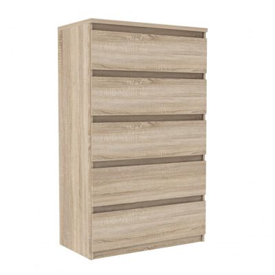 Grande commode 5 tiroirs décor chêne clair texturé - BENNY