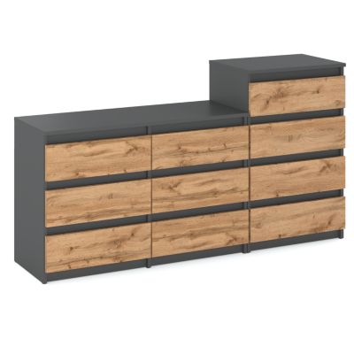 Grande commode avec  10 tiroirs Gris+ Chêne Wotan 160 cm - meuble TV, buffet, armoire pour salon