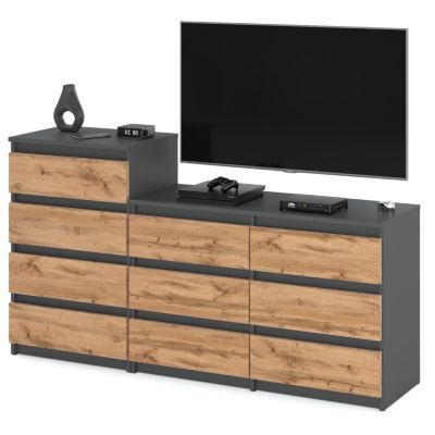 Grande commode avec  10 tiroirs Gris+ Chêne Wotan 160 cm - meuble TV, buffet, armoire pour salon