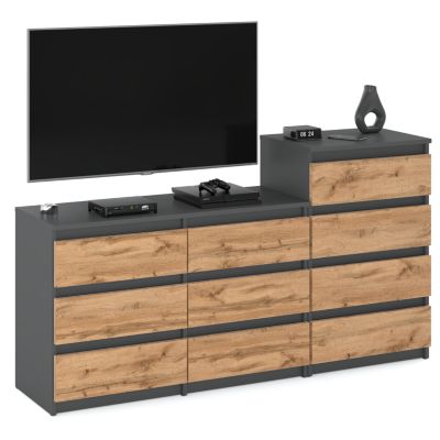 Grande commode avec  10 tiroirs Gris+ Chêne Wotan 160 cm - meuble TV, buffet, armoire pour salon