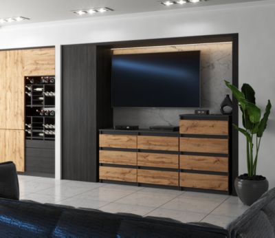 Grande commode avec  10 tiroirs Gris+ Chêne Wotan 160 cm - meuble TV, buffet, armoire pour salon