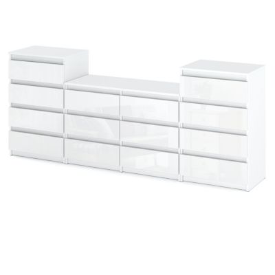 Grande commode avec 14 tiroirs  Blanc Brillant 220 cm - meuble TV, buffet, armoire pour salon