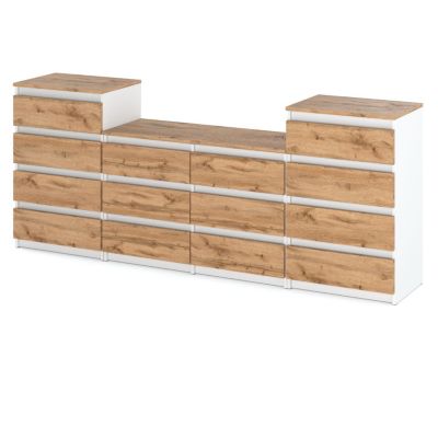 Grande commode avec 14 tiroirs  Blanc Mat + Chêne Wotan - 220 cm - meuble TV, buffet, armoire pour salon