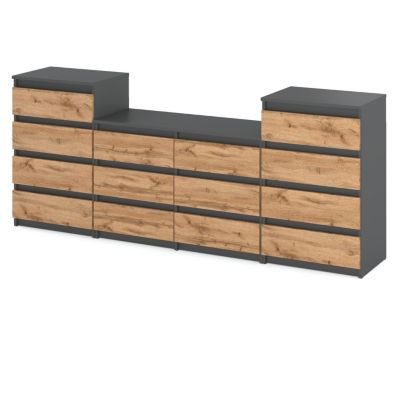 Grande commode avec 14 tiroirs  Gris + Chêne Wotan - 220 cm - meuble TV, buffet, armoire pour salon