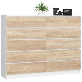 Grande Commode pour le salon AKORD K160 Blanche 160 cm 10 tiroirs façade Chêne Sonoma 160x40x121 cm