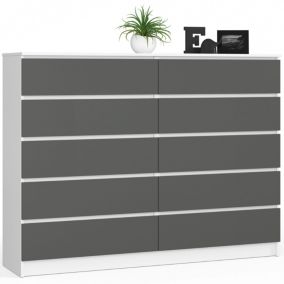 Grande Commode pour le salon AKORD K160 Blanche 160 cm 10 tiroirs façade Gris Graphite 160x40x121 cm