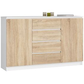 Grande Commode pour le salon AKORD K160 Blanche 160 cm 2 portes 4 tiroirs façade Chêne Sonoma 4 étagères 160x40x99 cm