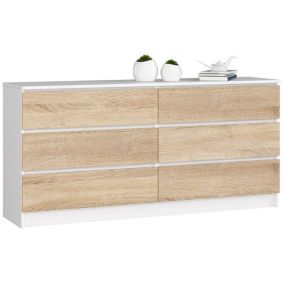 Grande Commode pour le salon AKORD K160 Blanche 160 cm 6 tiroirs façade Chêne Sonoma 160x40x77 cm