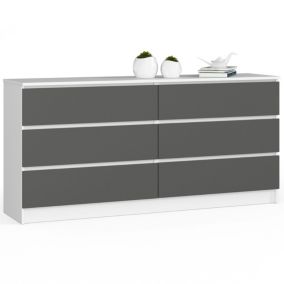 Grande Commode pour le salon AKORD K160 Blanche 160 cm 6 tiroirs façade Gris Graphite 160x40x77 cm