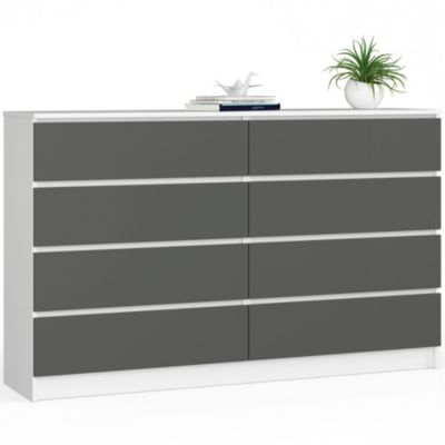 Grande Commode pour le salon AKORD K160 Blanche 160 cm 8 tiroirs façade Gris Graphite 160x40x99 cm