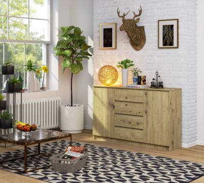 Grande Commode pour le salon AKORD K160 Chêne Artisan 160 cm 2 portes 4 tiroirs façade Chêne Artisan 4 étagères 160x40x99 cm