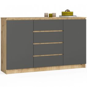Grande Commode pour le salon AKORD K160 Chêne Artisan 160 cm 2 portes 4 tiroirs façade Gris Graphite 4 étagères 160x40x99 cm