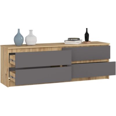 Grande Commode pour le salon AKORD K160 Chêne Artisan 160 cm 4 tiroirs façade Gris Graphite 160x40x55 cm