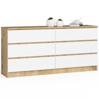 Grande Commode pour le salon AKORD K160 Chêne Artisan 160 cm 6 tiroirs façade Blanche 160x40x77 cm