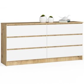 Grande Commode pour le salon AKORD K160 Chêne Artisan 160 cm 6 tiroirs façade Blanche 160x40x77 cm