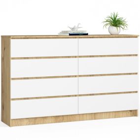 Grande Commode pour le salon AKORD K160 Chêne Artisan 160 cm 8 tiroirs façade Blanche 160x40x99 cm