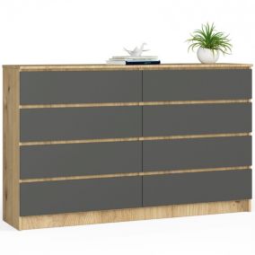 Grande Commode pour le salon AKORD K160 Chêne Artisan 160 cm 8 tiroirs façade Gris Graphite 160x40x99 cm