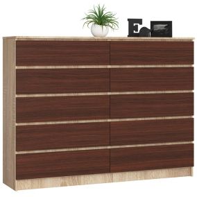 Grande Commode pour le salon AKORD K160 Chêne Sonoma 160 cm 10 tiroirs façade Wengé 160x40x121 cm