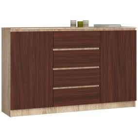 Grande Commode pour le salon AKORD K160 Chêne Sonoma 160 cm 2 portes 4 tiroirs façade Wengé 4 étagères 160x40x99 cm