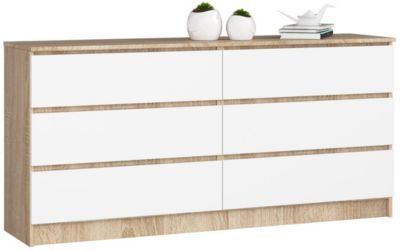Grande Commode pour le salon AKORD K160 Chêne Sonoma 160 cm 6 tiroirs façade Blanche 160x40x77 cm