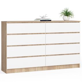 Grande Commode pour le salon AKORD K160 Chêne Sonoma 160 cm 8 tiroirs façade Blanche 160x40x99 cm