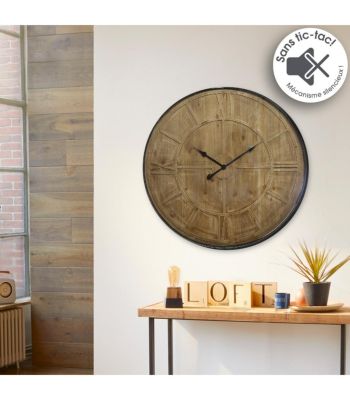 Grande Pendule murale silencieuse en Bois et Métal Noir D 80 cm