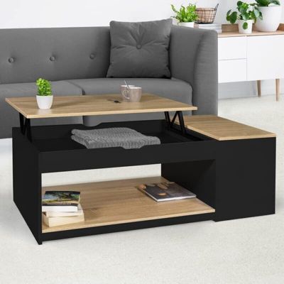 Table basse 110 cm, rectangulaire, avec 2 portes de rangement, finition effet marbre, plateau