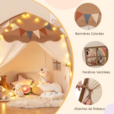 Tente Enfant XXL Avec LED Et Drapeaux – 150×108×150 Cm – Intérieur/Extérieur – Lavable – Dès 3 Ans