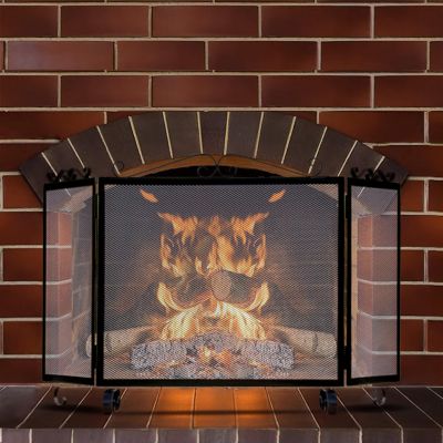 Grille de Protection, Pare-feu pour cheminée, modèle 3 panneaux en Fer forgé Noir - Hauteur 64 x Longueur 66,5 x Largeur 20 cm