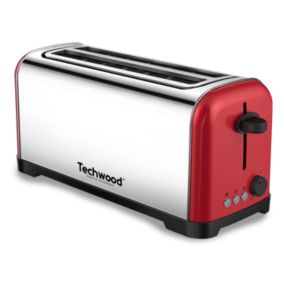Grille Pain "Inox Brossé" Techwood TGPI-4025 - 2 longues et larges fentes - Puissance : 1200-1400W - Coloris Rouge