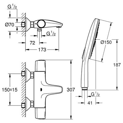 GROHE Mitigeur bain douche Precision Trend avec douchette 3jets Vitalio Smartactive 150 et flexible 200cm