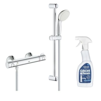 GROHE Pack mitigeur douche thermostatique mural 2 trous Grotherm chrome complet + produit entretien