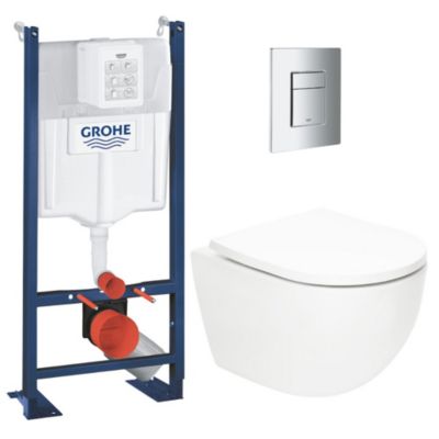 Grohe Pack WC Bâti-support autoportant Rapid SL + WC SAT vortex sans bride + SoftClose + Plaque chrome (PROvortex1)