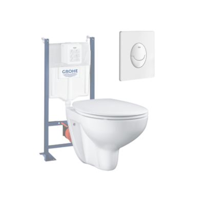 Grohe Pack WC suspendu sans bride Bau Ceramic + abattant + plaque blanche + bâti Grohe