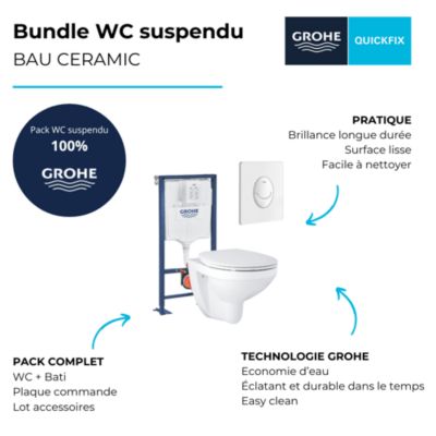 Grohe Pack WC suspendu sans bride Bau Ceramic + abattant + plaque blanche + bâti Grohe